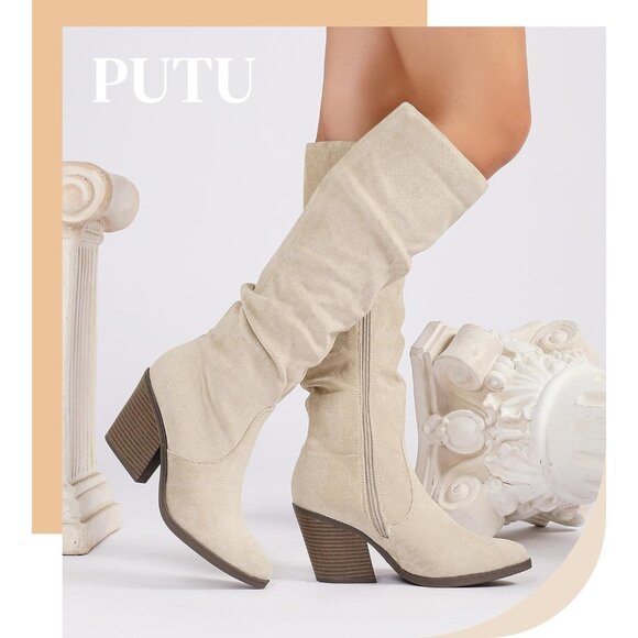 Women Knee High Faux Beige Suede Boot Stacked Chunky Heel Side Zipper Tall Boots - Picture 5 of 7